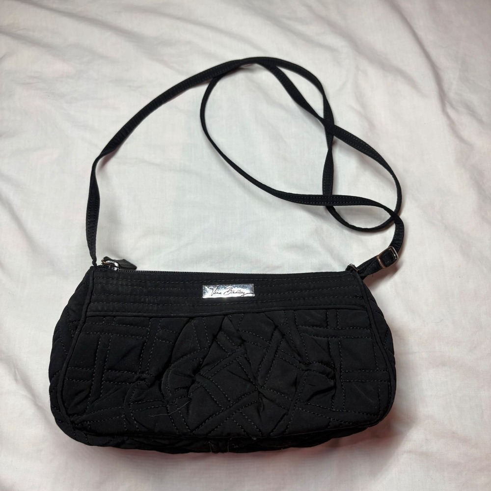 Vera Bradley Black Quilted Cotton Crossbody Bag Small Zippered Purse
